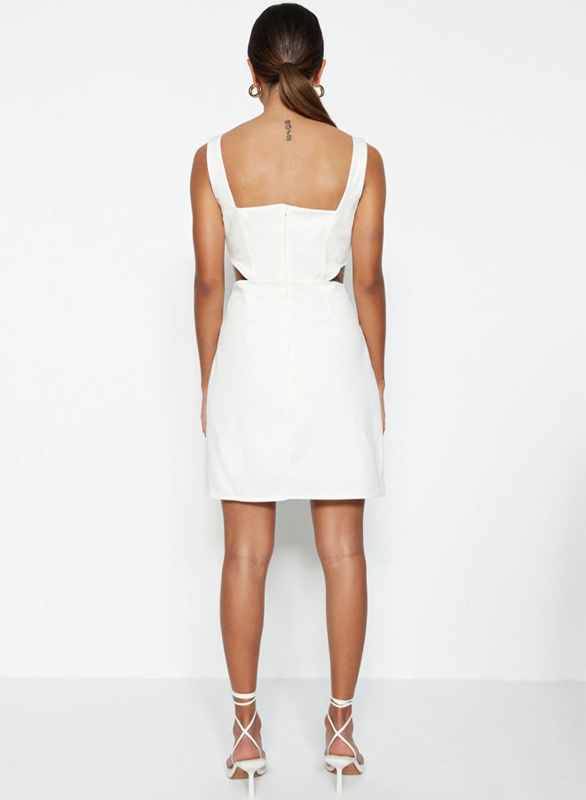 trendyol Ecru A-Cut Mini Cotton Window/Cut Out Detailed Square Collar Woven Dress TWOSS23EL00596 - Image 5