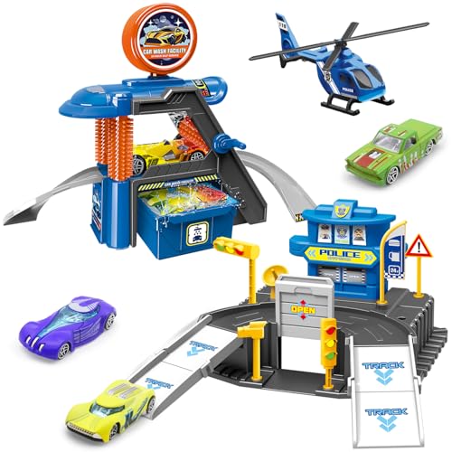 Fistone Kids Parking Car Wash Playset Includes Play Mat and 3 ColorChanging Cars Fun Racing Car Wash Toy for Children - Image 1
