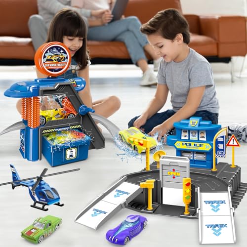Fistone Kids Parking Car Wash Playset Includes Play Mat and 3 ColorChanging Cars Fun Racing Car Wash Toy for Children - Image 5
