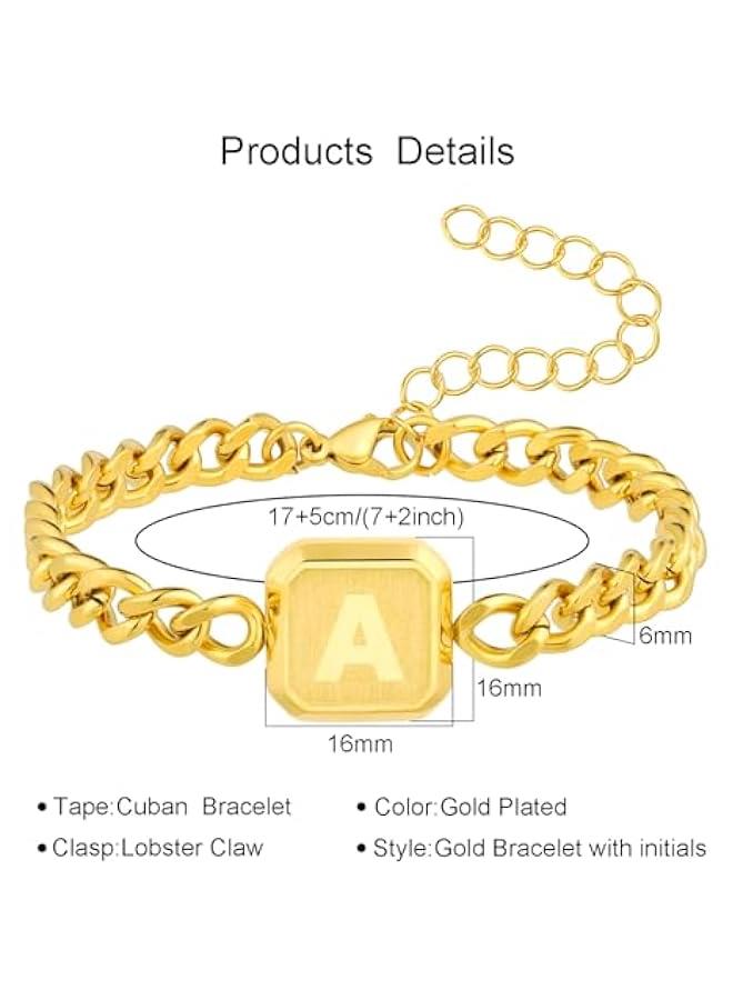 Graduation Gifts-Initial Bracelet Gold/Silver/Black Squre A-Z Letter Cuban Link Chain Mens Bracelets Adjustable Size Stainless Steel Men Jewelry Gifts Graduation Gifts for him Husband Dad Brother Son
