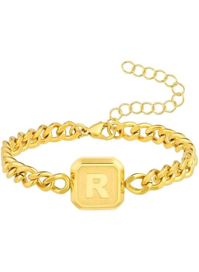 Graduation Gifts-Initial Bracelet Gold/Silver/Black Squre A-Z Letter Cuban Link Chain Mens Bracelets Adjustable Size Stainless Steel Men Jewelry Gifts Graduation Gifts for him Husband Dad Brother Son