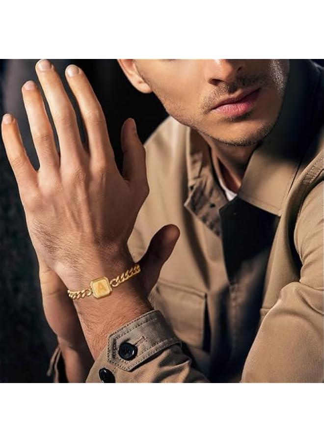 Graduation Gifts-Initial Bracelet Gold/Silver/Black Squre A-Z Letter Cuban Link Chain Mens Bracelets Adjustable Size Stainless Steel Men Jewelry Gifts Graduation Gifts for him Husband Dad Brother Son