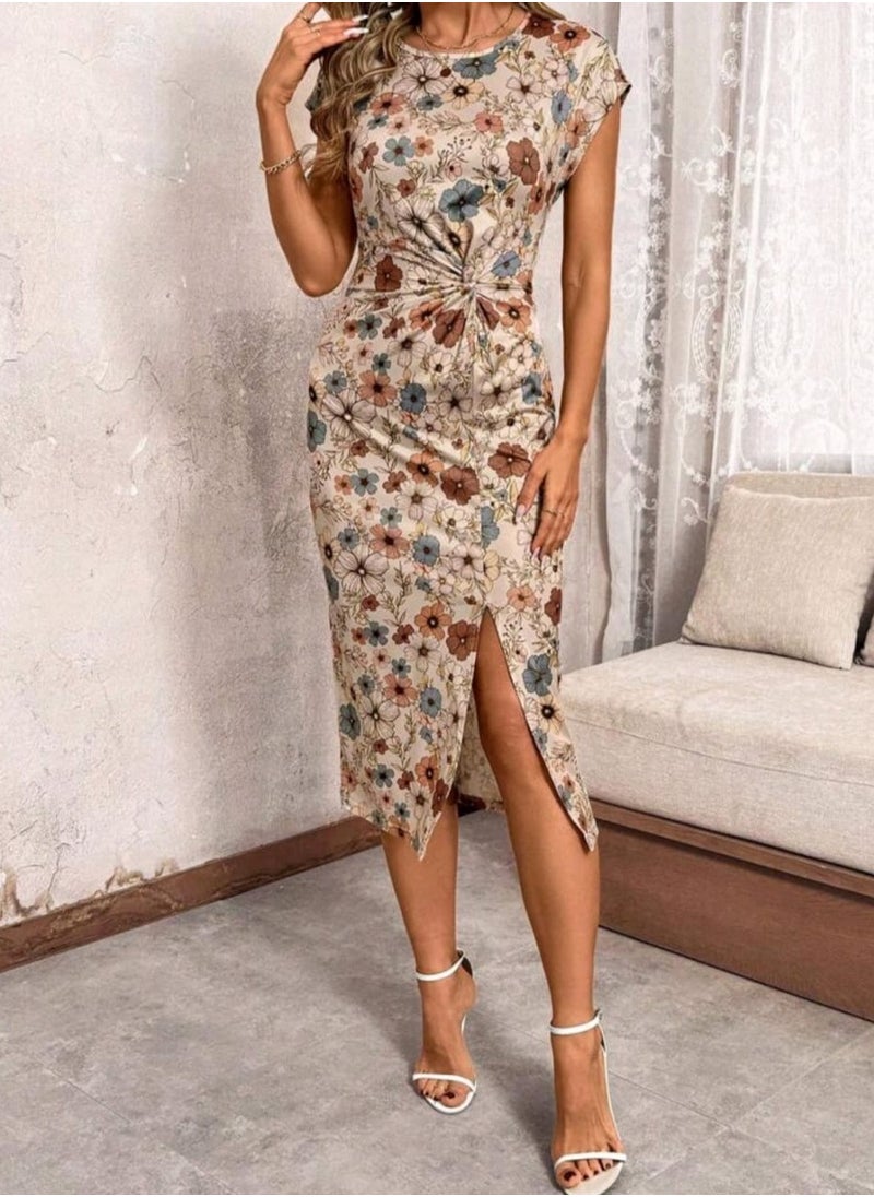 Shein SHEIN Clasi Waist-Gathered Twist Knot Slit Round Neck Dress For Women  - Image 1