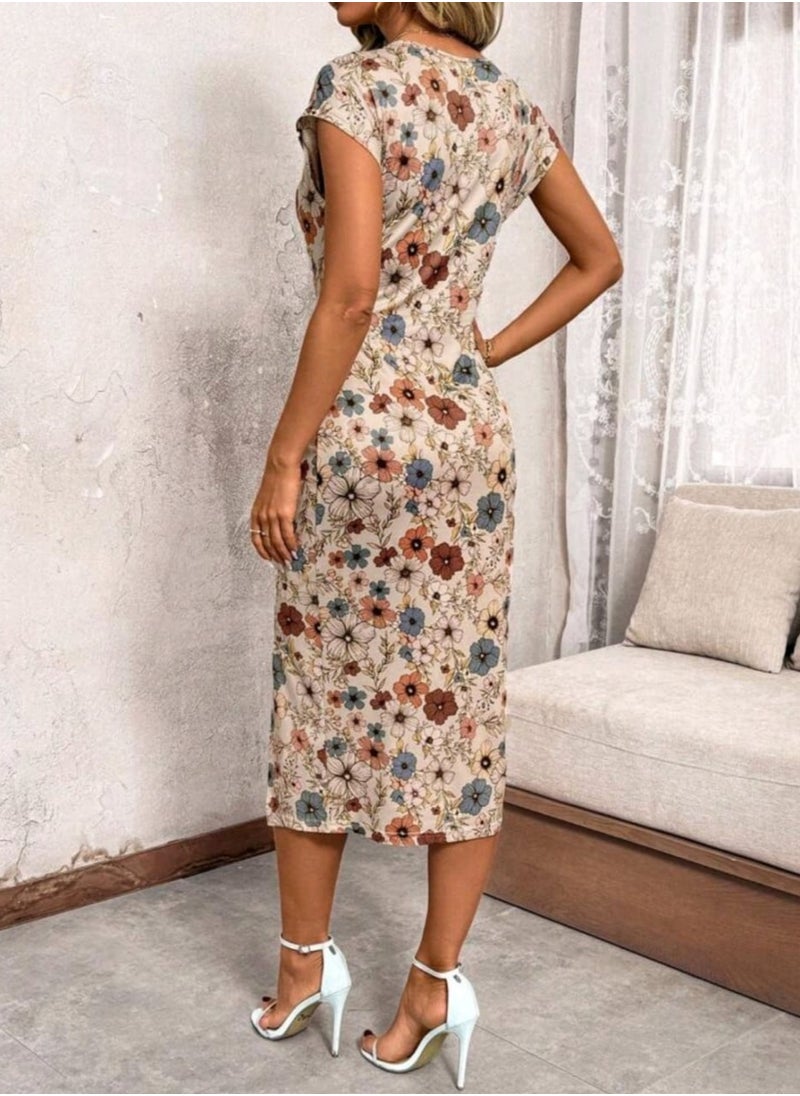 Shein SHEIN Clasi Waist-Gathered Twist Knot Slit Round Neck Dress For Women  - Image 4