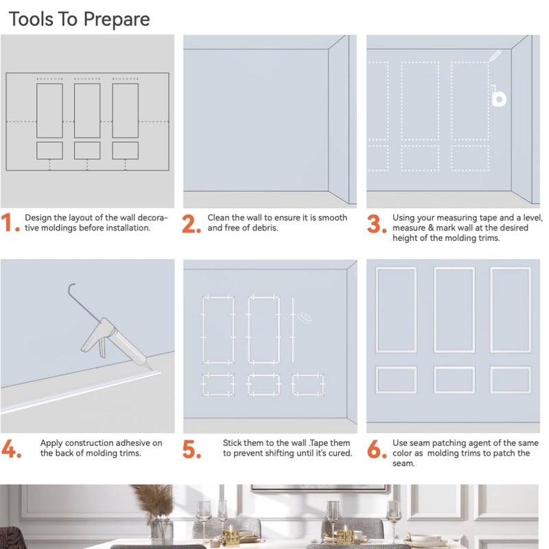 JPM Peel and Stick Wall Moulding Kit â€“ Precut 4 Wall Trim Frame Set | Self-Adhesive Decorative Accent Trim Panels | DIY Wainscoting, Hallways & Living Room Makeover (Classic White) - Image 3