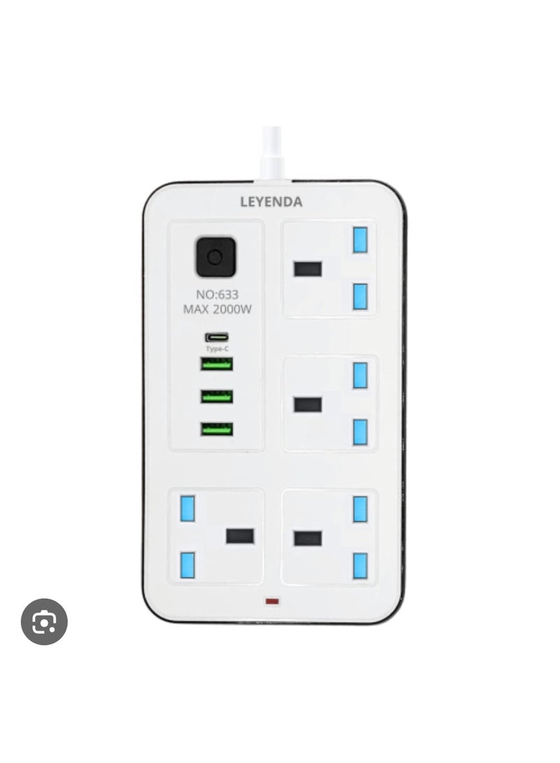 توصيلة كهرباء متعددة 4 مخارج و5 منافذ USB (منها Type-C) بقدرة 2500 واط وسلك بطول 5 متر – حماية من الشحن الزائد وتصميم جداري عملي  - Image 1