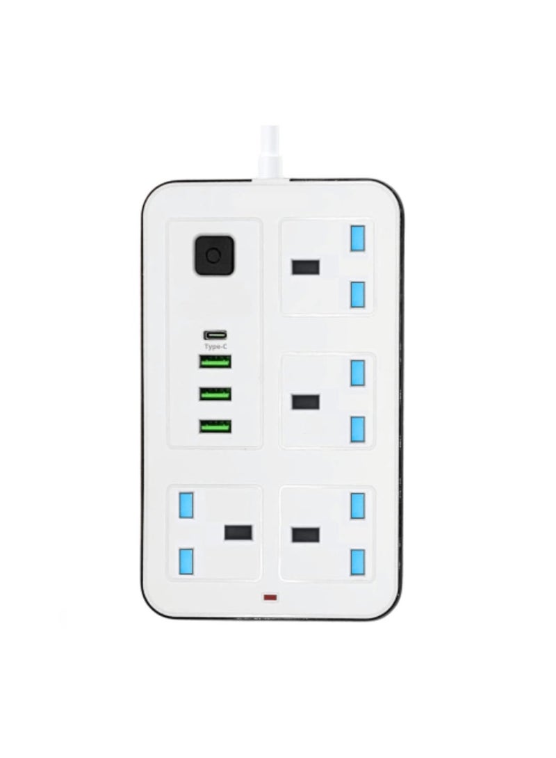 Power Strip with 4 AC Outlets and 4 USB Ports (Including Type-C), 2500W, 5M Cable – Wall-Mountable Surge Protector for Home and Office - Image 1