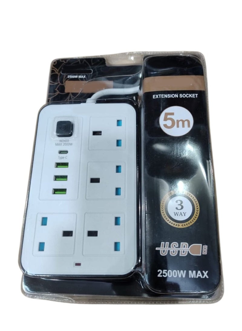 Power Strip with 4 AC Outlets and 4 USB Ports (Including Type-C), 2500W, 5M Cable – Wall-Mountable Surge Protector for Home and Office - Image 3