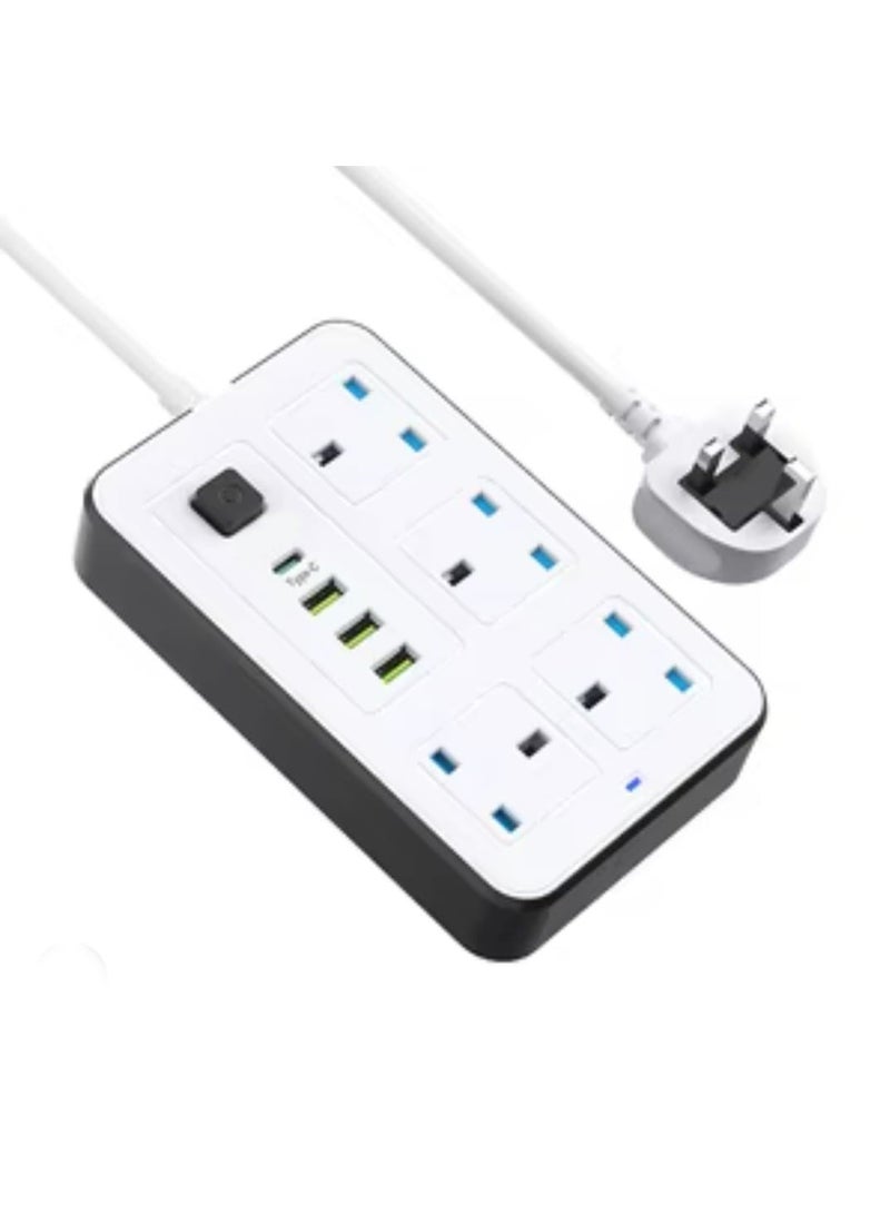 Power Strip with 4 AC Outlets and 4 USB Ports (Including Type-C), 2500W, 5M Cable – Wall-Mountable Surge Protector for Home and Office - Image 2