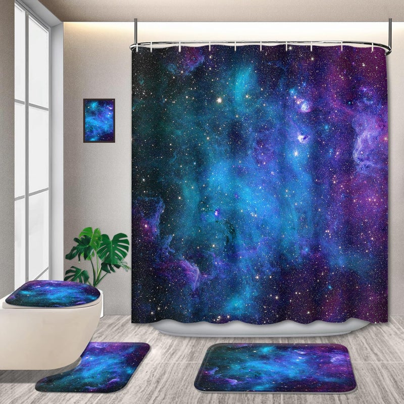 GRIEKOWE GRIEKOWE 4 Pcs Fabric Universe Outer Space Theme Shower Curtain Sets Starry Galaxy with NonSlip Rugs Toilet Lid Cover Bath Mat Starry Bathtub Set Men Boys Trippy Nebula Starry Sky 72 x 72in 