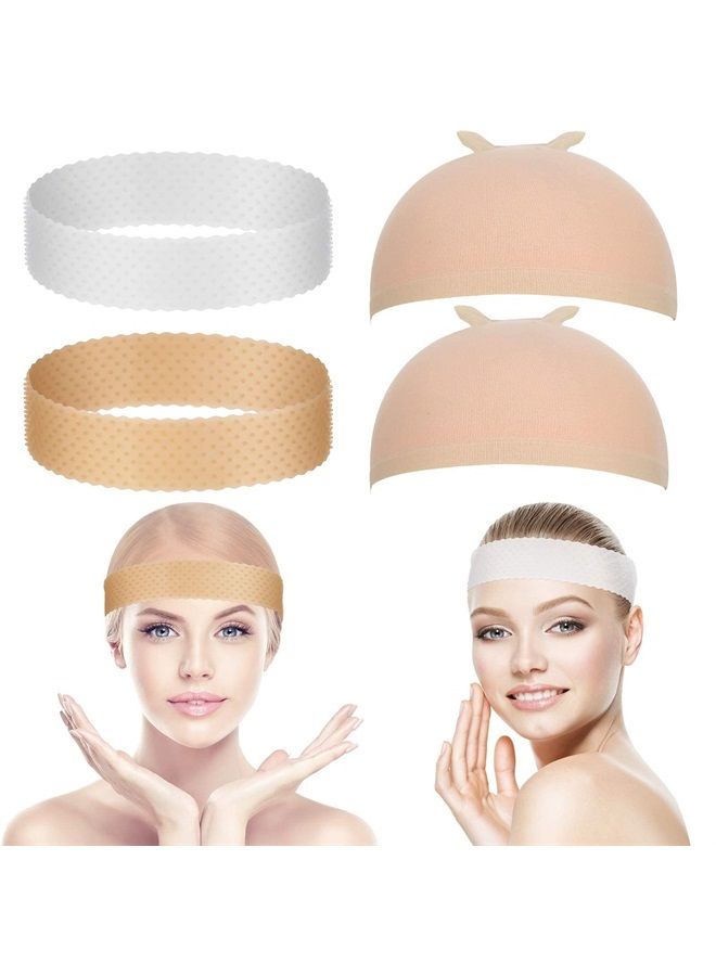 WILLBOND 4 Pieces Silicone Wig Grip Band Transparent Silicone Wig Headband Sweatproof Seamless Non Slip Wig Hair Band with Stretchy Nylon Wig Cap for Wig and Sport Yoga (White and Light Brown, Skin Color)  - Image 1