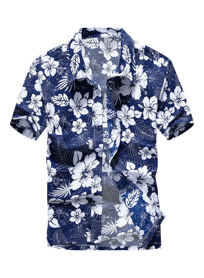 NIBEMINENT Summer Turn Down Collar Short Sleeve Shirt Blue/White  - Image 1