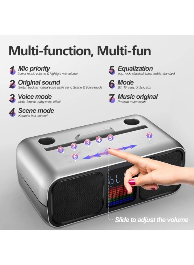 Smart Berry Karaoke Machine Party Speaker with Touch Screen, 2 Wireless Microphones, LED Lights & Phone Stand – USB/TF/AUX Support – Portable Bluetooth Karaoke Speaker for Kids & Family Parties (Silver) - Image 3
