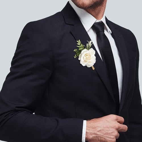 Gvhntk Ivory Rose Boutonniere for Men Wedding Set of 10 Groom Groomsmen Best Man Artificial Flowers Boutonniere for Wedding Ceremony Anniversary Prom Flowers Formal Dinner Party (10, White, Middle) - Image 5