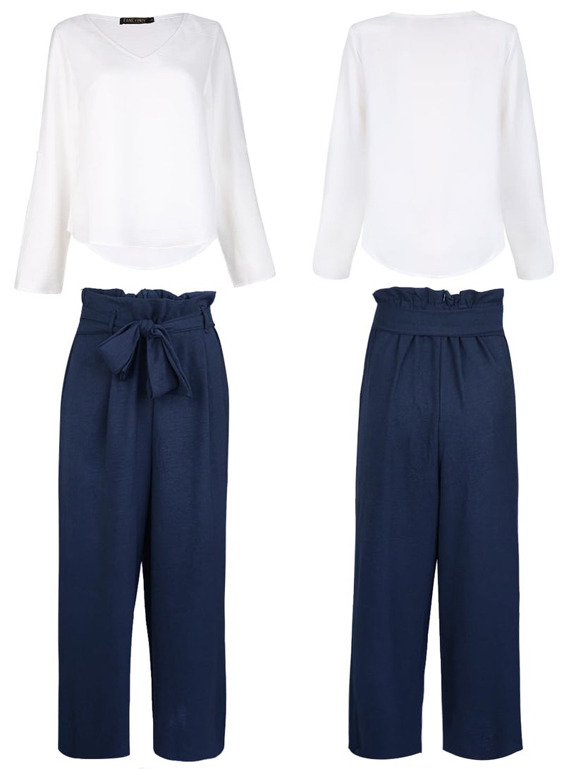 FANCYINN Womens 2 Piece Crop Pants Set V Neck Long Sleeves Tops High Waisted Cropped Paper Bag Pants with Belt Navy Blue Pants & White Blouse Top XL