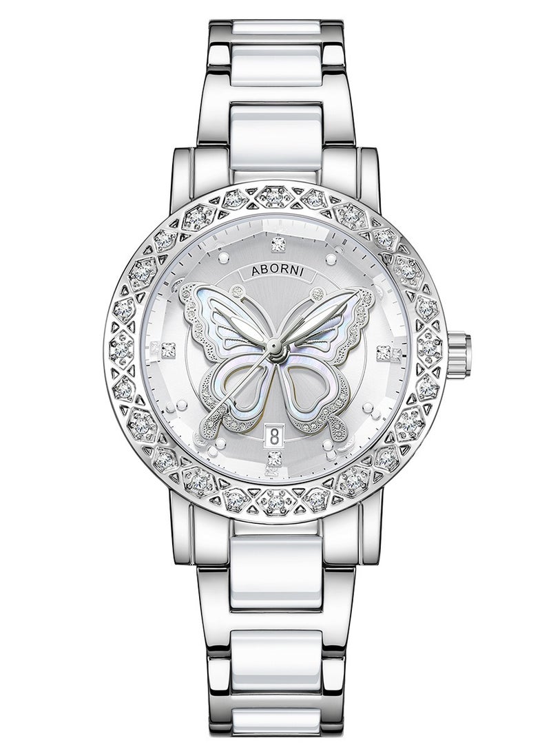 ABORNI Dreamy Luxury Women's Stainless Steel Watch, Luminous Waterproof Calendar, Mineral Reinforced Glass Mirror, Diamond-Studded Butterfly Dial, Fashionable and Versatile - Image 1