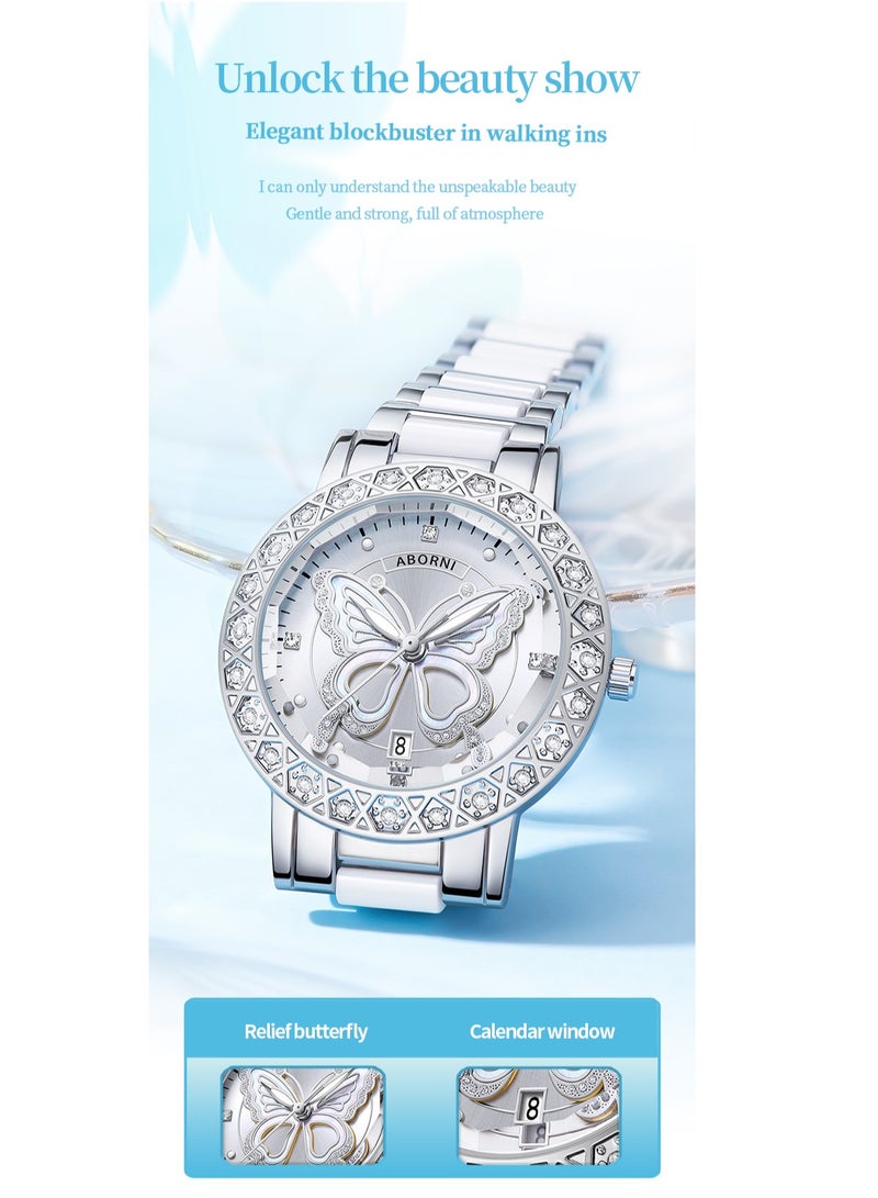 ABORNI Dreamy Luxury Women's Stainless Steel Watch, Luminous Waterproof Calendar, Mineral Reinforced Glass Mirror, Diamond-Studded Butterfly Dial, Fashionable and Versatile - Image 2