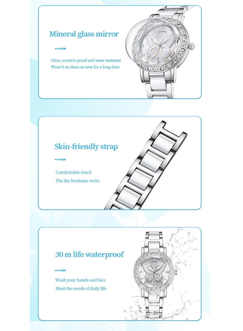 ABORNI Dreamy Luxury Women's Stainless Steel Watch, Luminous Waterproof Calendar, Mineral Reinforced Glass Mirror, Diamond-Studded Butterfly Dial, Fashionable and Versatile - Image 3