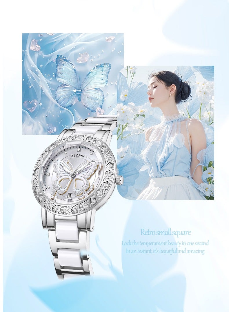 ABORNI Dreamy Luxury Women's Stainless Steel Watch, Luminous Waterproof Calendar, Mineral Reinforced Glass Mirror, Diamond-Studded Butterfly Dial, Fashionable and Versatile - Image 5