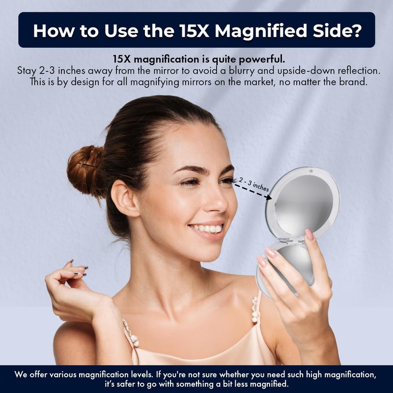 ميرورفانا مرآة MIRRORVANA صغيرة الحجم ومدمجة ومكبرة 15 مرة للسفر - محمولة باليد وقابلة للطي وخفيفة الوزن للغاية - مرآة مكبرة صغيرة بحجم الجيب للمحفظة - قطر دائري 3.3 - Image 3