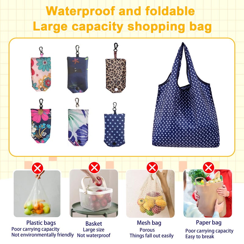 PENGJINYU 6 Pcs Reusable Shopping Bags Foldable,Grocery Bags in Pocket,Waterproof and Machine Washable,Eco-friendly Travel Recycle Polyester Tote Bags for Daily Shopping Supplies load - Image 4