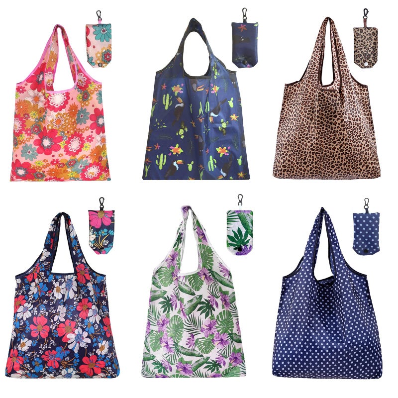 PENGJINYU 6 Pcs Reusable Shopping Bags Foldable,Grocery Bags in Pocket,Waterproof and Machine Washable,Eco-friendly Travel Recycle Polyester Tote Bags for Daily Shopping Supplies load - Image 1