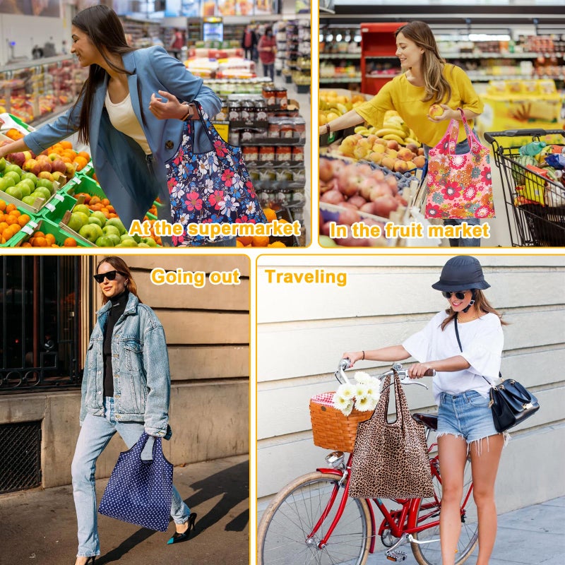 PENGJINYU 6 Pcs Reusable Shopping Bags Foldable,Grocery Bags in Pocket,Waterproof and Machine Washable,Eco-friendly Travel Recycle Polyester Tote Bags for Daily Shopping Supplies load - Image 2