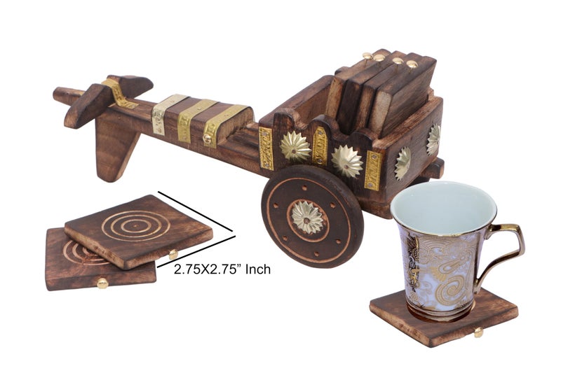 INUS Bullcart Design Coasters Set of 6 for Tea Cups Coffee Mugs Beer Cans and Water Glasses, Diwali Gift (Authentic Handmade) - Mango Wood - Image 3