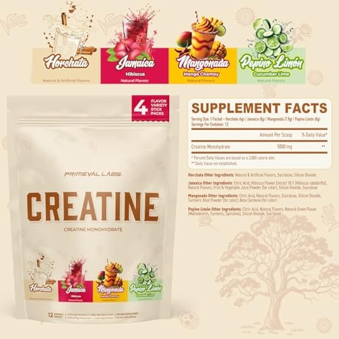 Primeval Labs Clean Creatine Monohydrate Powder | Flavored Powder for Muscle Strength & Recovery | Latin Aqua Fresca Flavors | Workout Supplement for Men & Women | 12 Servings | Variety Pack - Image 2