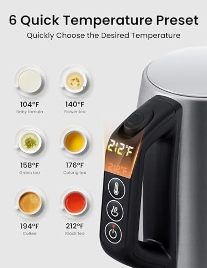 Comfee' Stainless Steel Electric Kettle, Temperature Control with 6 Presets, 1-Hr Keep Warm, Kettle Water Boiler 1.7 Litres, 1500W with Viewing Window, Auto-Off and Boil-Dry Protection - Image 2