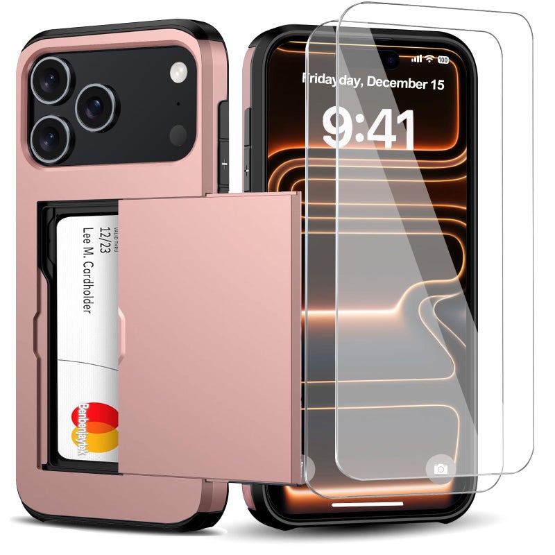 Benbenjaytek for iPhone 17 Pro Wallet Case with Card Holder + 2 Tempered Glass Screen Protector Protective Shockproof Hidden Card Slot Slim Case Women Men for iPhone 17 Pro 6.3â€³(Rose Gold) - Image 1