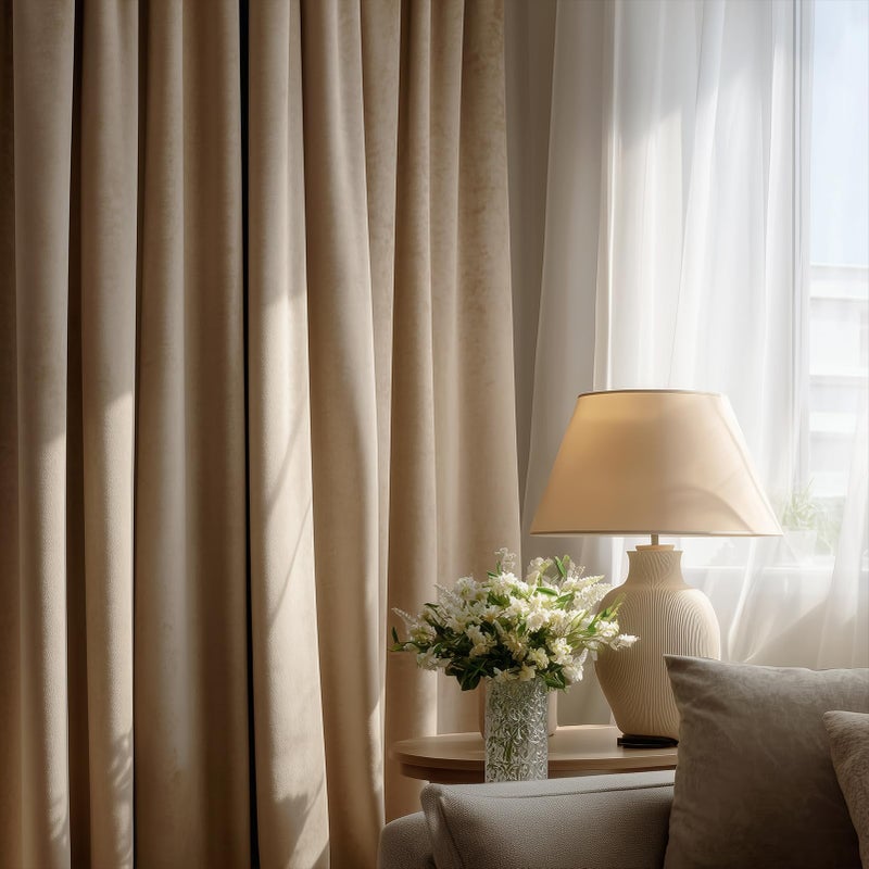 Drapenova Beige Velvet Pinch Pleated Curtains 84 Inches Long for Bedroom Living Room Neutural Elegant Soft Velvet Modern Boho Blackout Thermal Curtain Drapes Home Decor Set of 2,84 inch Length 7FT - Image 3