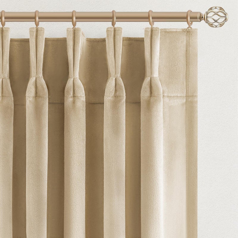 Drapenova Beige Velvet Pinch Pleated Curtains 84 Inches Long for Bedroom Living Room Neutural Elegant Soft Velvet Modern Boho Blackout Thermal Curtain Drapes Home Decor Set of 2,84 inch Length 7FT - Image 1