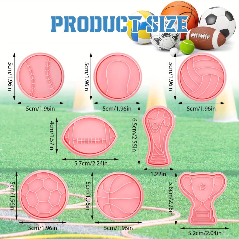 Sports Ball Cookie Cutters Set 8pcs 3D Football Basketball Soccer Cake DIY Baking Plunger - Image 3