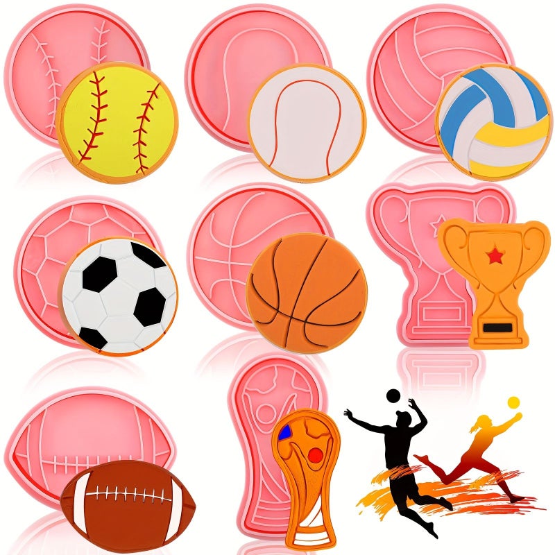 Sports Ball Cookie Cutters Set 8pcs 3D Football Basketball Soccer Cake DIY Baking Plunger - Image 1
