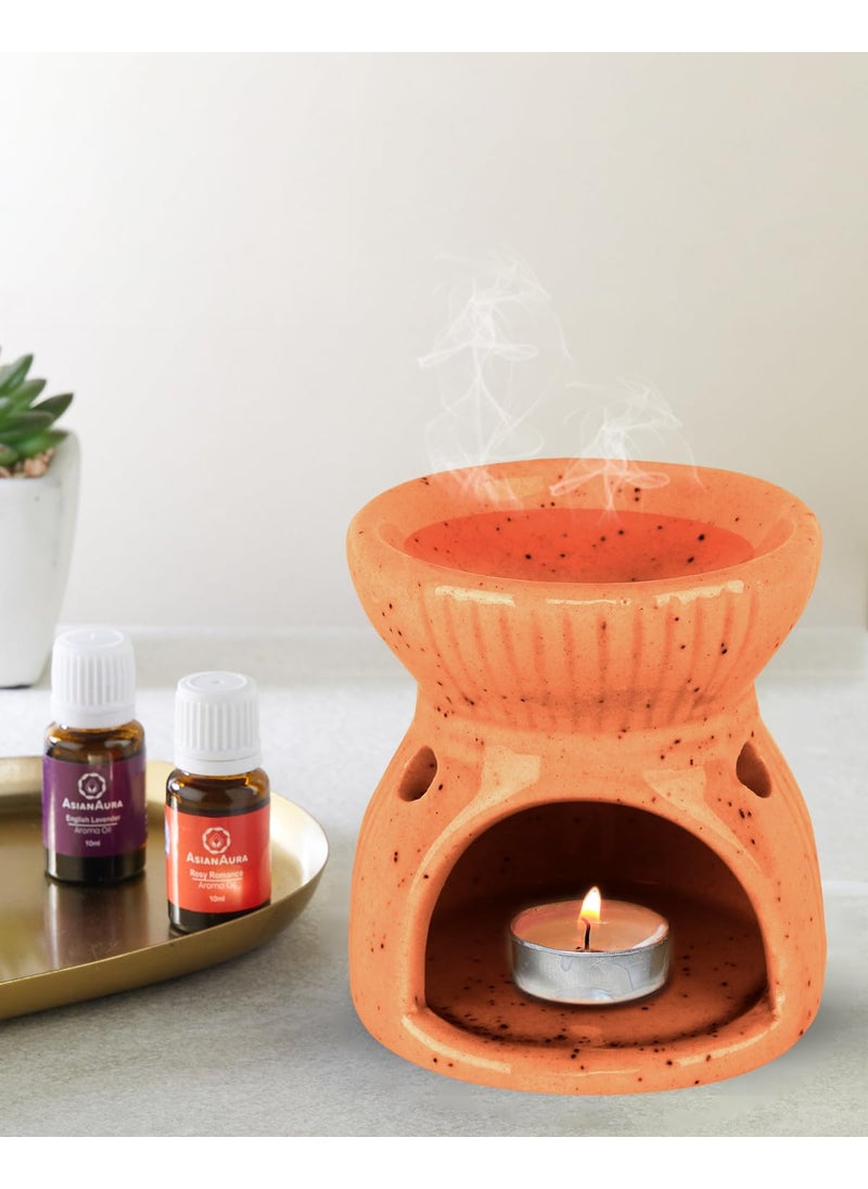ASIAN AURA Asian Aura Ceramic Aroma Oil Burner Tea Light Candle Diffuser Oil Warmer for Home Fragrance with 2 Tea Light Candles and 1 Aroma Oil English Lavender 10ml Ribbed Design Orange Diffuser  - Image 3