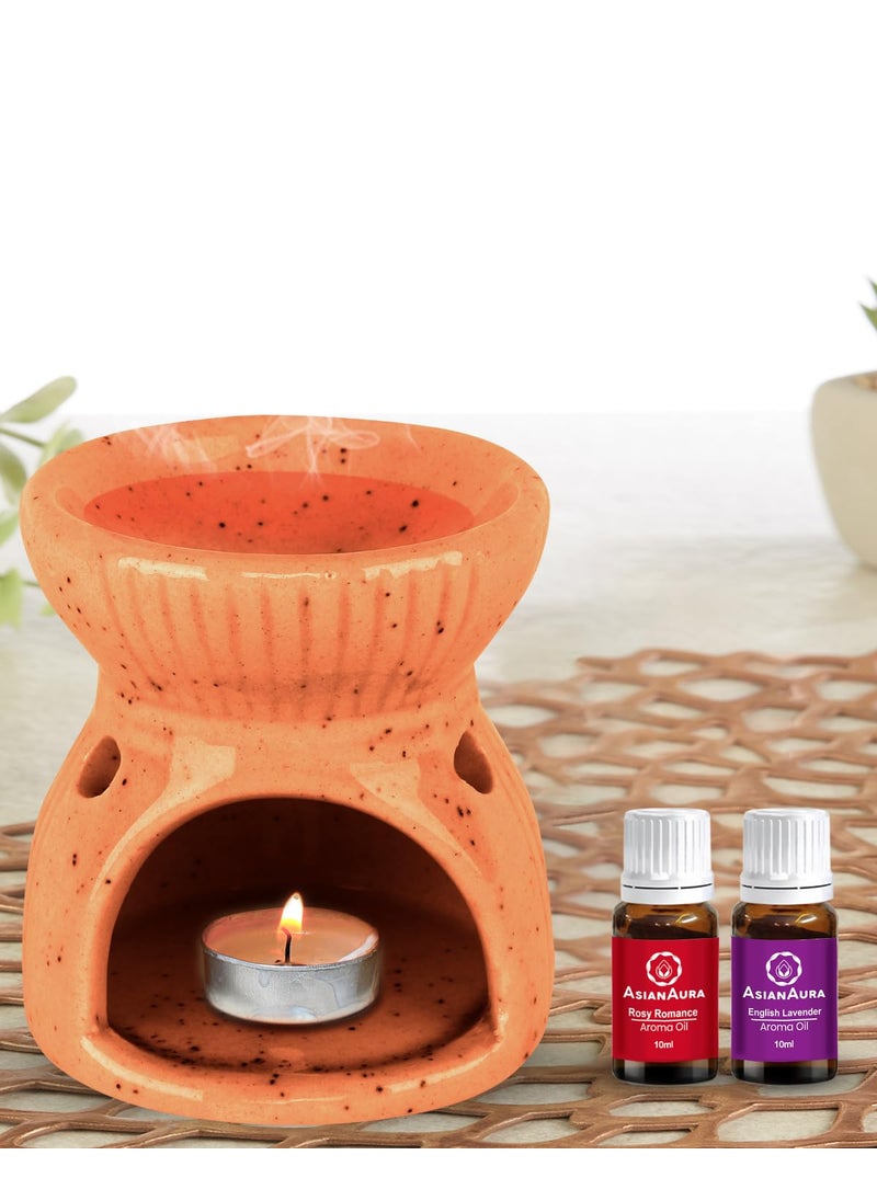 ASIAN AURA Asian Aura Ceramic Aroma Oil Burner Tea Light Candle Diffuser Oil Warmer for Home Fragrance with 2 Tea Light Candles and 1 Aroma Oil English Lavender 10ml Ribbed Design Orange Diffuser  - Image 1