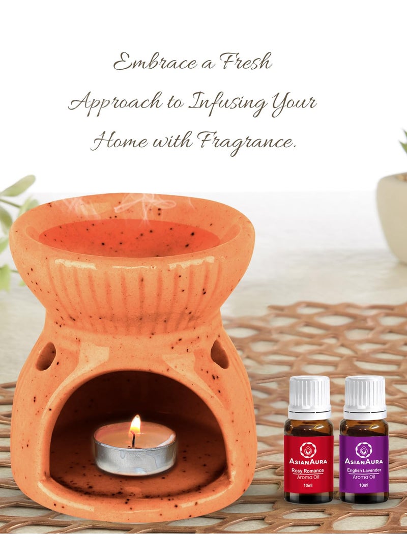 ASIAN AURA Asian Aura Ceramic Aroma Oil Burner Tea Light Candle Diffuser Oil Warmer for Home Fragrance with 2 Tea Light Candles and 1 Aroma Oil English Lavender 10ml Ribbed Design Orange Diffuser  - Image 2