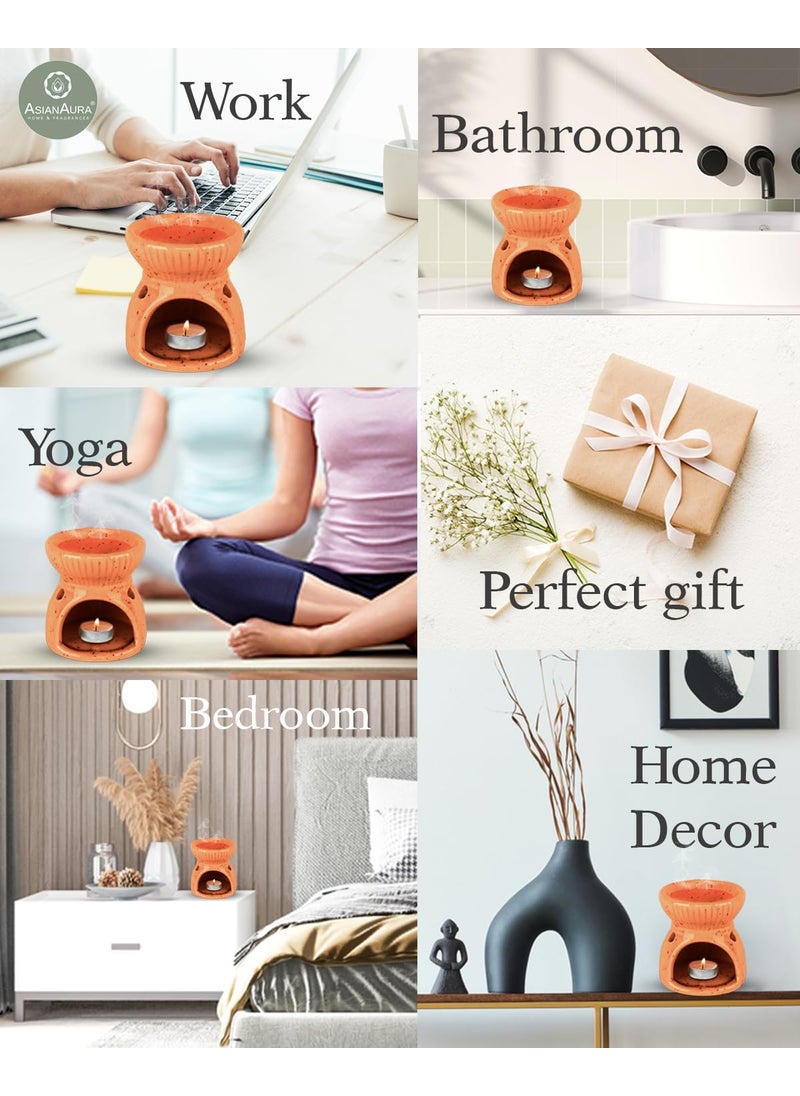 ASIAN AURA Asian Aura Ceramic Aroma Oil Burner Tea Light Candle Diffuser Oil Warmer for Home Fragrance with 2 Tea Light Candles and 1 Aroma Oil English Lavender 10ml Ribbed Design Orange Diffuser  - Image 5