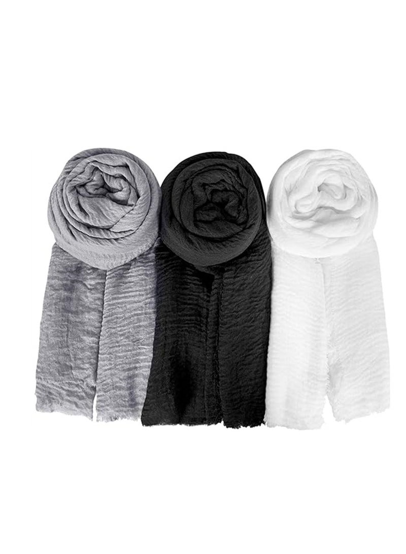 KASTWAVE Scarfs for Women, 3 Pieces Soft Keep Warm Scarf Shawl Lightweight Long Fashion Wraps for All Season Cotton and Linen Monochrome Turban Scarf (Grey/Black/White) - Image 3