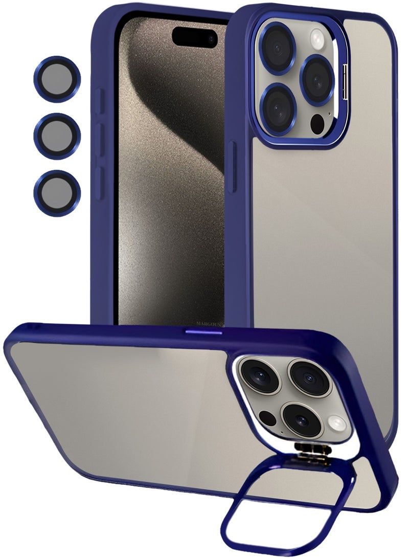 CATANES Transparent Case Cover with Flip Bracket Stand for iPhone 15 Pro – Shockproof Clear Back Cover with Lens Protection - Blue - Image 4