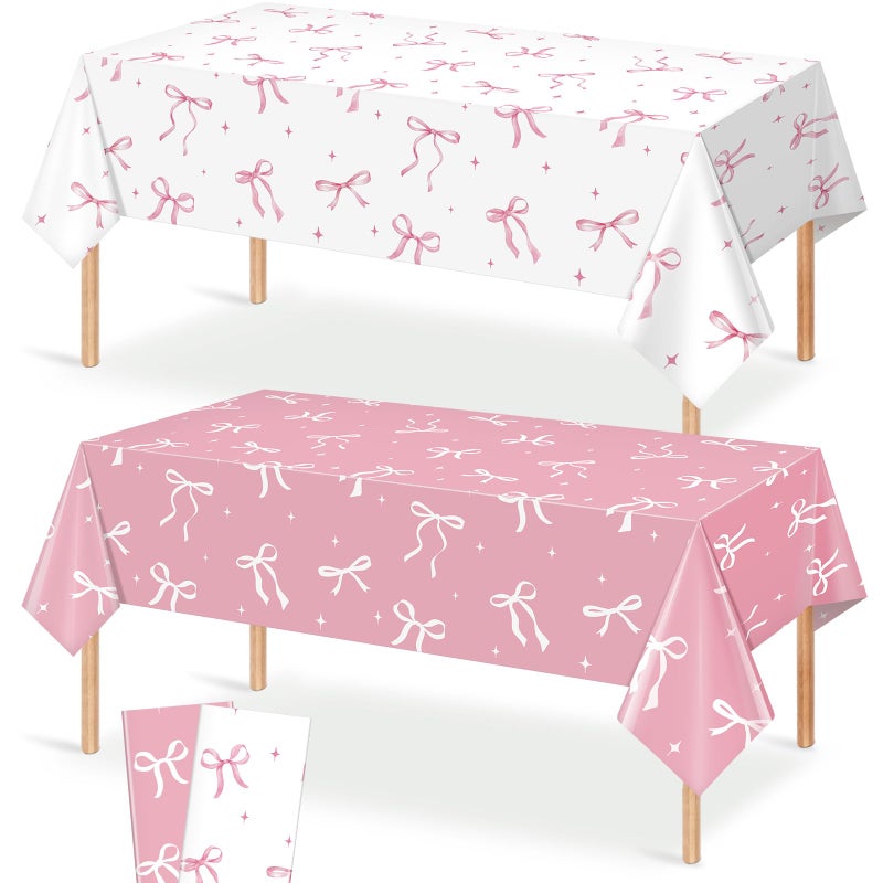 KEASKELL 2Pcs Coquette Party Tablecloths Decorations,Pink and White Bow Plastic Table Cover Disposable Rectangle Table Cloth for Girls Birthday Bridal Wedding Baby Shower Party Supplies,54x108 Inch - Image 1
