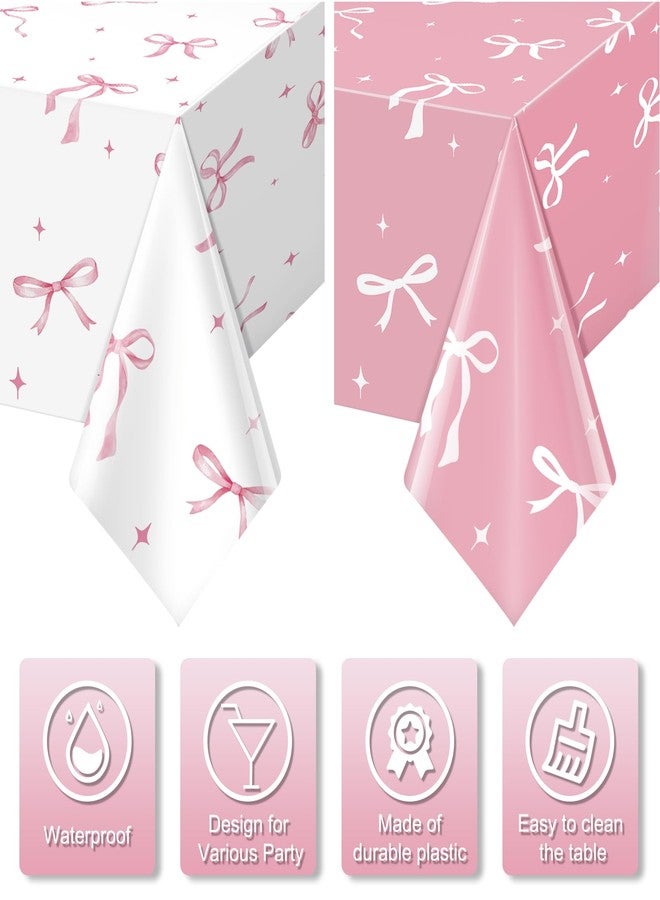 KEASKELL 2Pcs Coquette Party Tablecloths Decorations,Pink and White Bow Plastic Table Cover Disposable Rectangle Table Cloth for Girls Birthday Bridal Wedding Baby Shower Party Supplies,54x108 Inch - Image 3
