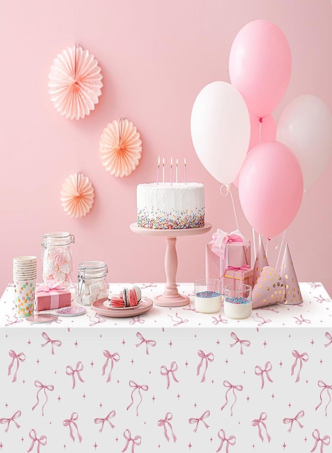 KEASKELL 2Pcs Coquette Party Tablecloths Decorations,Pink and White Bow Plastic Table Cover Disposable Rectangle Table Cloth for Girls Birthday Bridal Wedding Baby Shower Party Supplies,54x108 Inch - Image 4