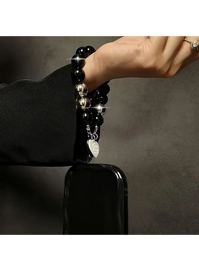 Black Beaded Phone Wrist Strap with Golden Clasp and Heart Charm - Image 5