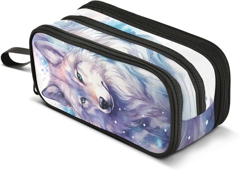 BOENLE Wolf Watercolor Pencil Case Box Boys Girls Large Pencil Pouch Zipper Compartments Big Capacity Stationery Pen Bag Organizer for Kids Teens Adults School Office - Image 1