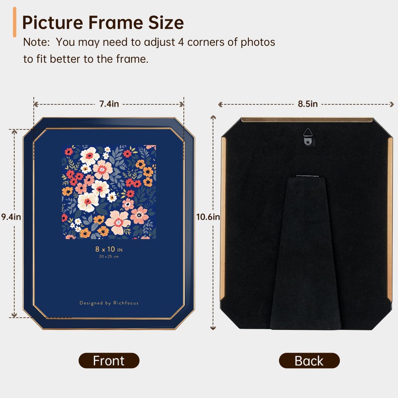 RICHFOCUS 8x10 Enamel Picture Frame with HD-Tempered Glass  Octagon Photo Frame with Gold Metal Edge and Velvet Back for Tabletop and Wall Mount Display  Navy Blue - Image 4