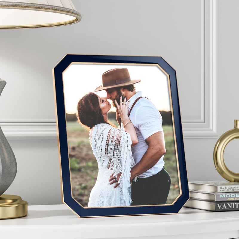 RICHFOCUS 8x10 Enamel Picture Frame with HD-Tempered Glass  Octagon Photo Frame with Gold Metal Edge and Velvet Back for Tabletop and Wall Mount Display  Navy Blue - Image 1
