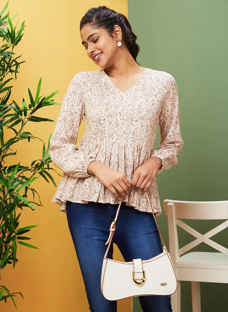 globus Globus Women White Abstract Printed V-Neck Puff Sleeve Gathered Peplum Top