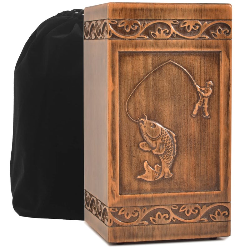 Engmvwod Handmade Wooden Engraved Urn For Human Ashes 250Lbs Adult Male Female Satin Bag Fishing Cremation Urns Box - Image 1